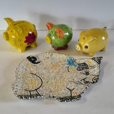 Colorful pig collectibles Piggy banks and vintage pig plate
