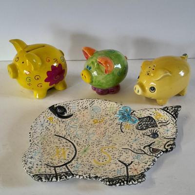 Colorful pig collectibles Piggy banks and vintage pig plate