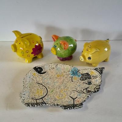 Colorful pig collectibles Piggy banks and vintage pig plate