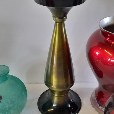 Brass candle holder / vase, red glass vases and other home decor