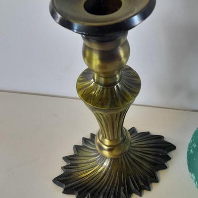 Brass candle holder / vase, red glass vases and other home decor