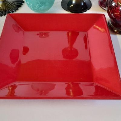 Brass candle holder / vase, red glass vases and other home decor