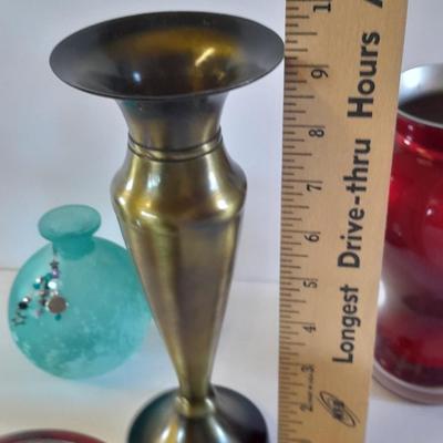 Brass candle holder / vase, red glass vases and other home decor