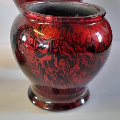 Brass candle holder / vase, red glass vases and other home decor