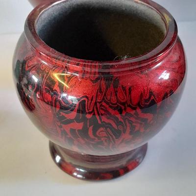 Brass candle holder / vase, red glass vases and other home decor