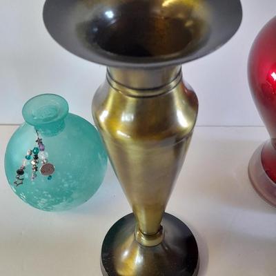 Brass candle holder / vase, red glass vases and other home decor