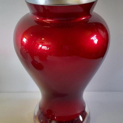 Brass candle holder / vase, red glass vases and other home decor