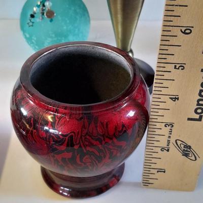 Brass candle holder / vase, red glass vases and other home decor