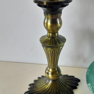 Brass candle holder / vase, red glass vases and other home decor