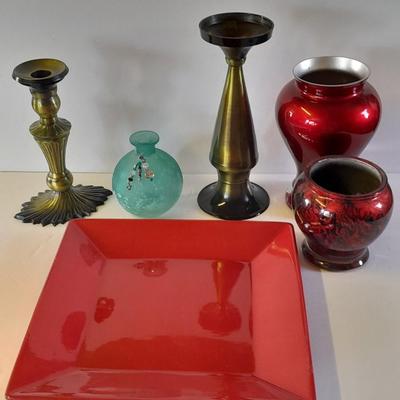 Brass candle holder / vase, red glass vases and other home decor