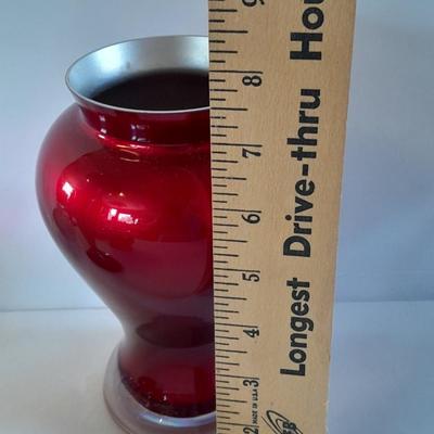 Brass candle holder / vase, red glass vases and other home decor