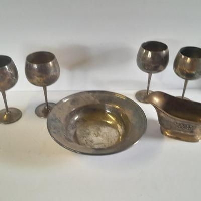 Silver plated goblets, bowl, and antique 1922 A.C.W. - E.P.W.  gravy boat, REED & BARTON