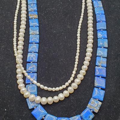 3 Strand Pearl and Lapis Necklace