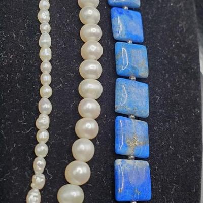 3 Strand Pearl and Lapis Necklace