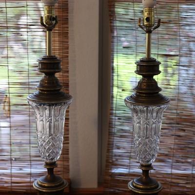 Beautiful Pair of Brass & Glass Lamps with Shades