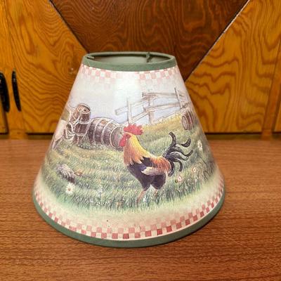 OLD OIL LAMP, ROOSTER PLATE AND LAMP SHADE