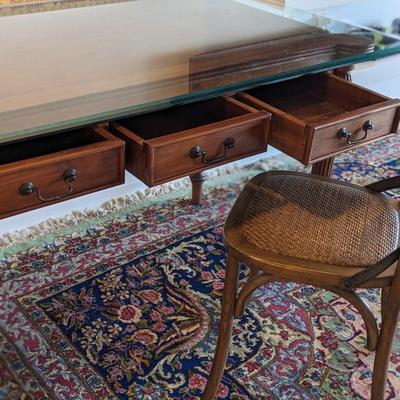 Antique Victorian Writing Desk with Glass Top and Wicker Seat Chair