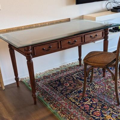 Antique Victorian Writing Desk with Glass Top and Wicker Seat Chair