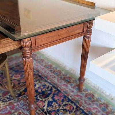 Antique Victorian Writing Desk with Glass Top and Wicker Seat Chair