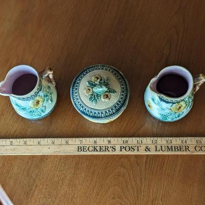 3 Antique Etruscan Majolica Wild Rose Pitcher & Sugar Bowl