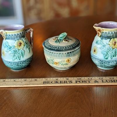3 Antique Etruscan Majolica Wild Rose Pitcher & Sugar Bowl