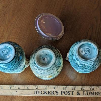 3 Antique Etruscan Majolica Wild Rose Pitcher & Sugar Bowl