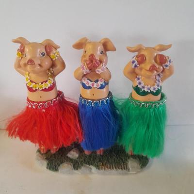 Hear no, See no, Speak no Hula dancer pigs, with other pigs from the beach