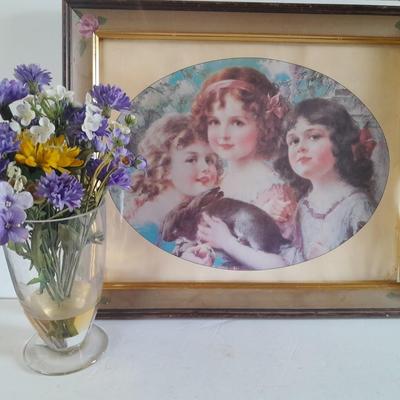 Vintage painted frame with "The Three Graces" by Emile Vernon and a bouquet of faux flowers in a vase