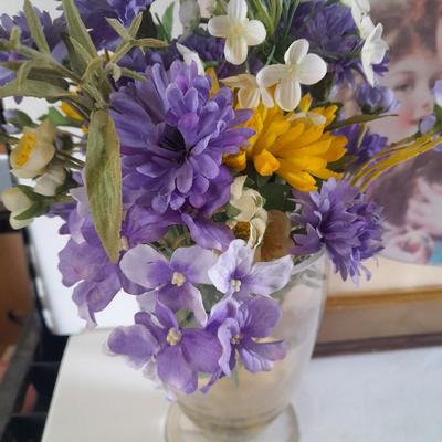 Vintage painted frame with "The Three Graces" by Emile Vernon and a bouquet of faux flowers in a vase