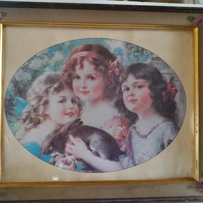 Vintage painted frame with "The Three Graces" by Emile Vernon and a bouquet of faux flowers in a vase