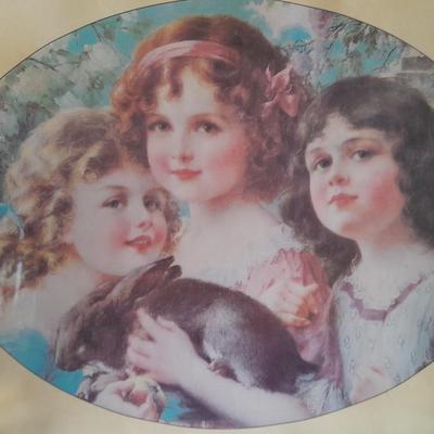 Vintage painted frame with "The Three Graces" by Emile Vernon and a bouquet of faux flowers in a vase