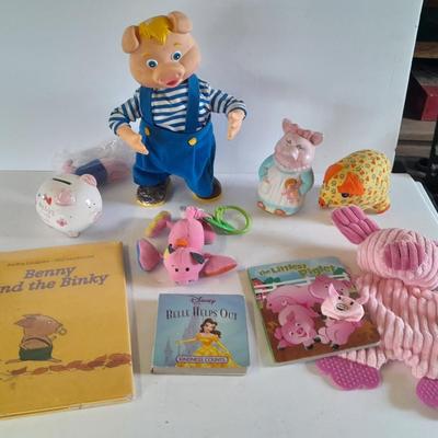 Pig toys for kids, vintage walking pig, books, plush and piggy bank