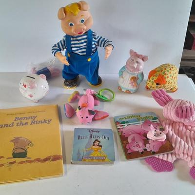 Pig toys for kids, vintage walking pig, books, plush and piggy bank
