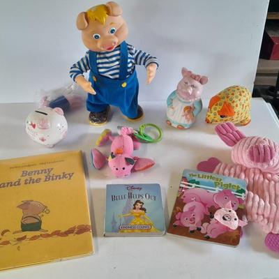 Pig toys for kids, vintage walking pig, books, plush and piggy bank