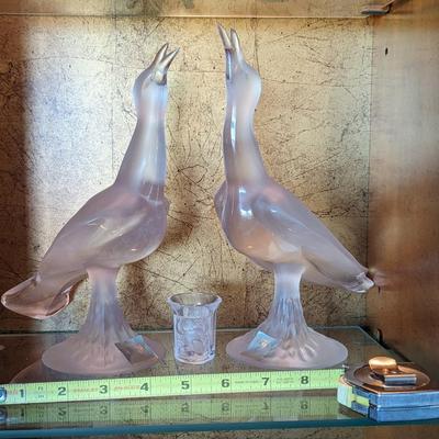 Signed Lalique France Frosted Crystal Daphnis Seagull Figurines and Shot Glass