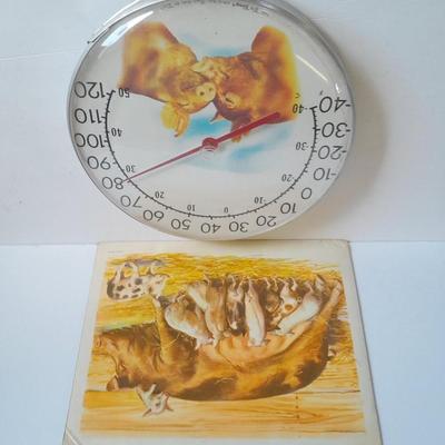 The Tru Temp thermometer with pigs and a 1966 DCC PUBL. CO. Pig print