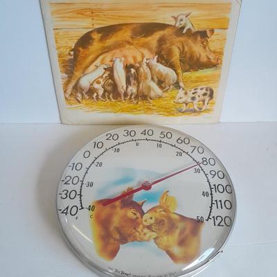The Tru Temp thermometer with pigs and a 1966 DCC PUBL. CO. Pig print