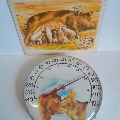 The Tru Temp thermometer with pigs and a 1966 DCC PUBL. CO. Pig print