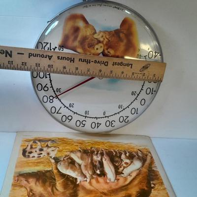 The Tru Temp thermometer with pigs and a 1966 DCC PUBL. CO. Pig print