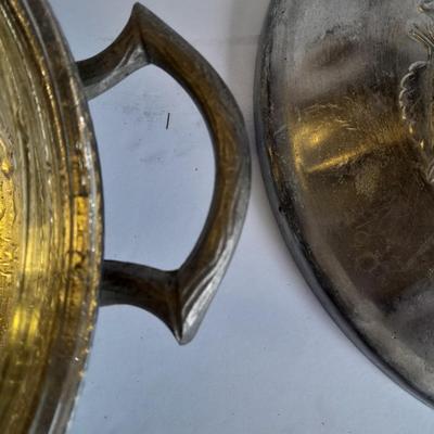 Beautiful, hammered Aluminum covered dish with divided glass insert.