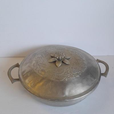 Beautiful, hammered Aluminum covered dish with divided glass insert.