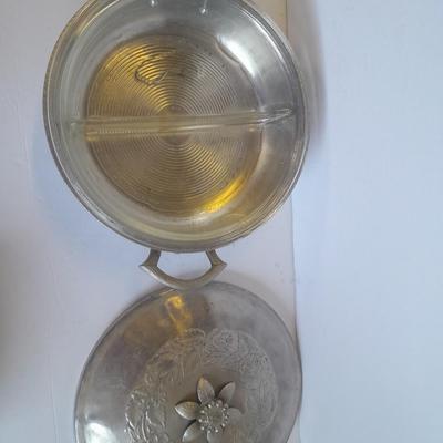 Beautiful, hammered Aluminum covered dish with divided glass insert.