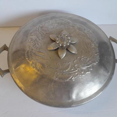 Beautiful, hammered Aluminum covered dish with divided glass insert.