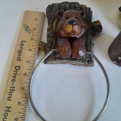 Bathroom bear towel holder, Christmas bears and a small bear figure