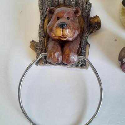 Bathroom bear towel holder, Christmas bears and a small bear figure