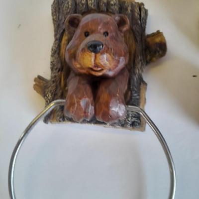 Bathroom bear towel holder, Christmas bears and a small bear figure