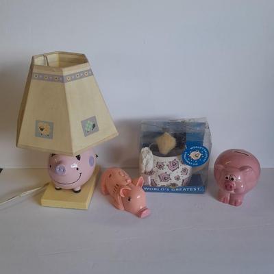 Pig lamp, piggy bank, and more pigs