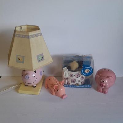 Pig lamp, piggy bank, and more pigs