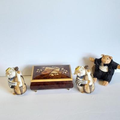 Music box Jewlery box with instrument on top, Pigs playing instruments, and conductor pig
