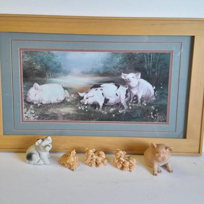 Framed pig wall art with pig figures